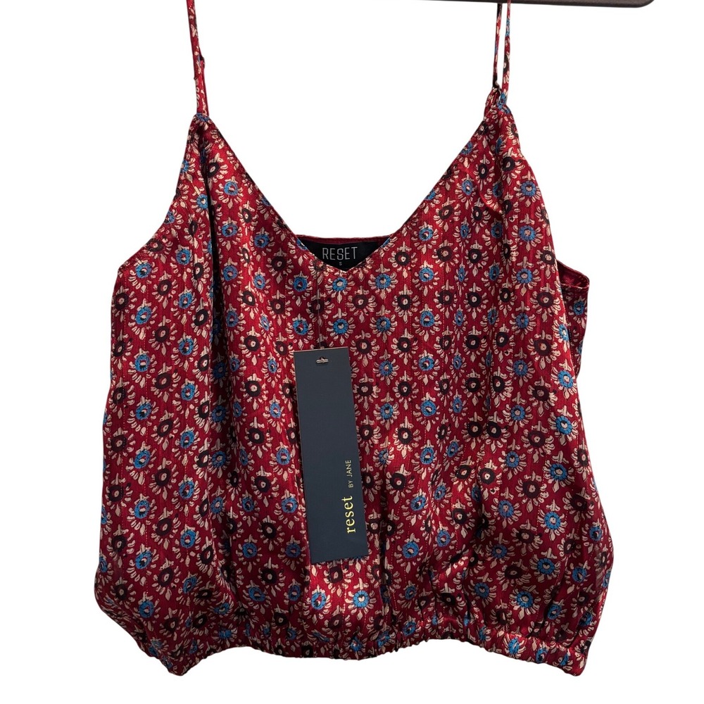 Reset by Jane Cami Top Womens Small Red Floral‎ Metallic Boho Bubble Hem JT512F